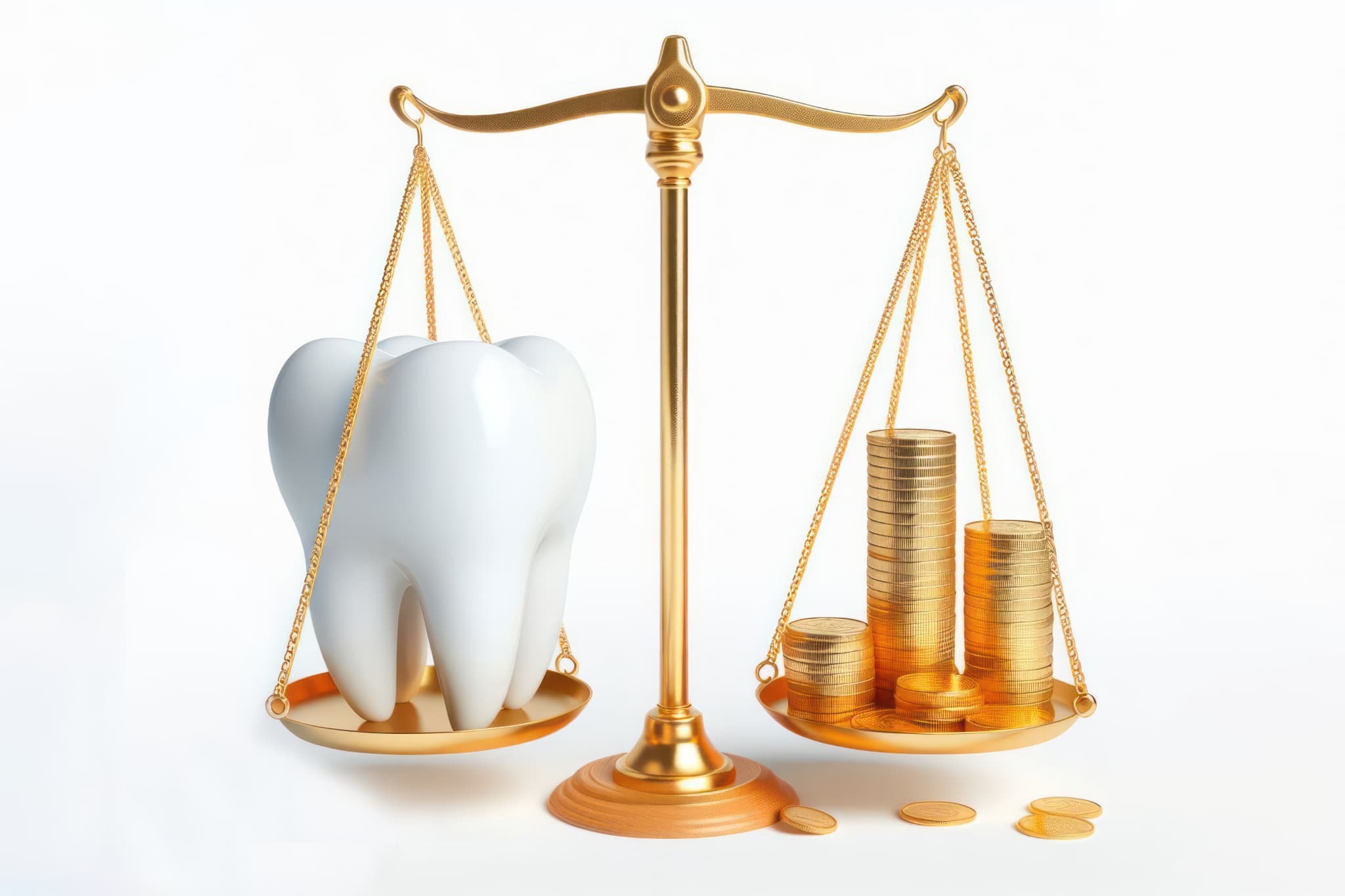 全部の歯をインプラントにする場合にかかる費用が高額なことを示す歯の模型と金貨を乗せた天秤