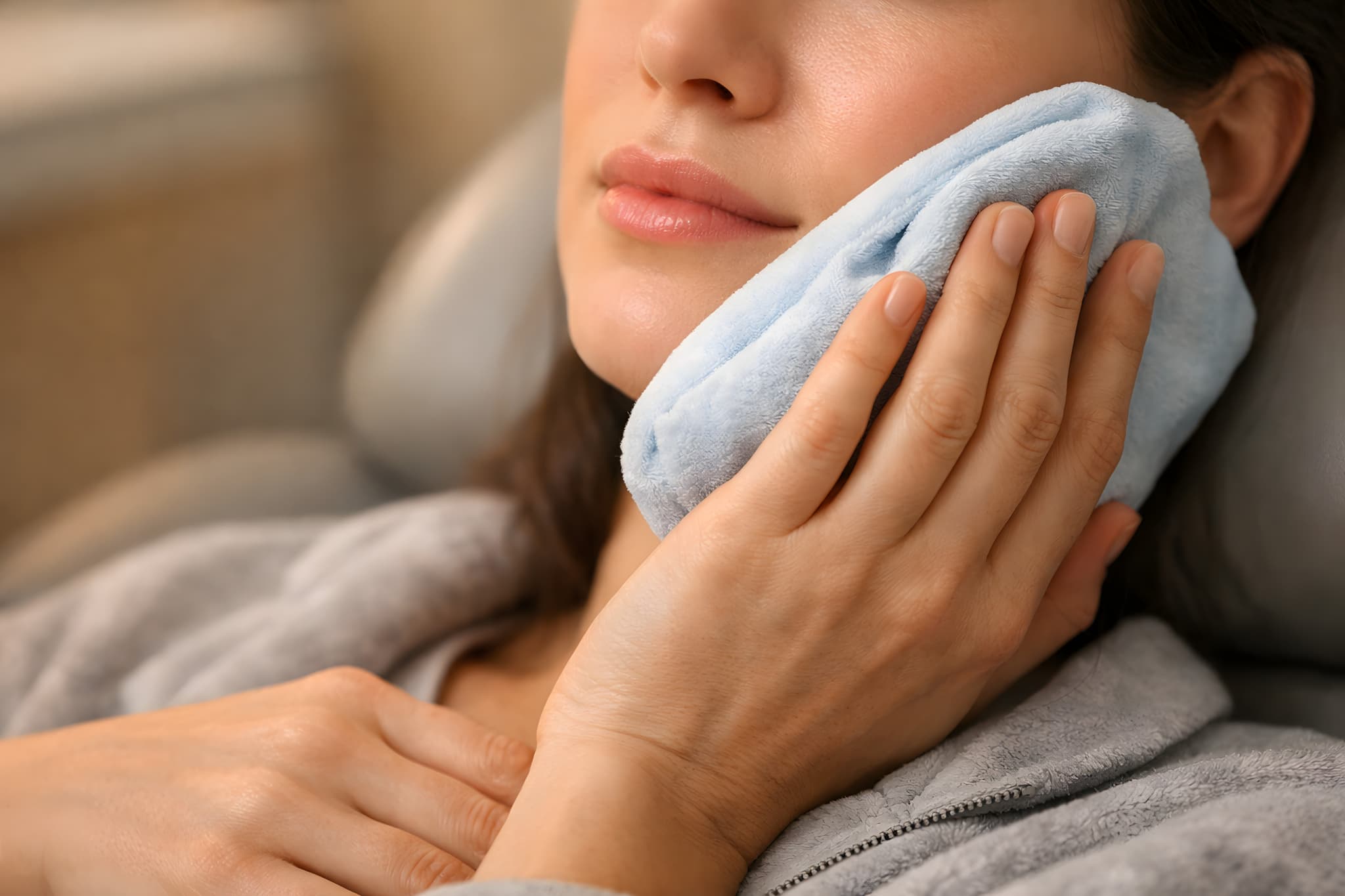 歯周病の痛みを和らげるために患部を冷やす女性